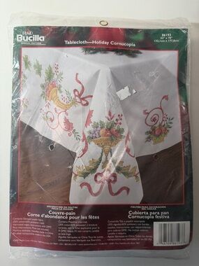 Bucilla White Tablecloth with Red, Green & Gold Cornucopia Embroidery